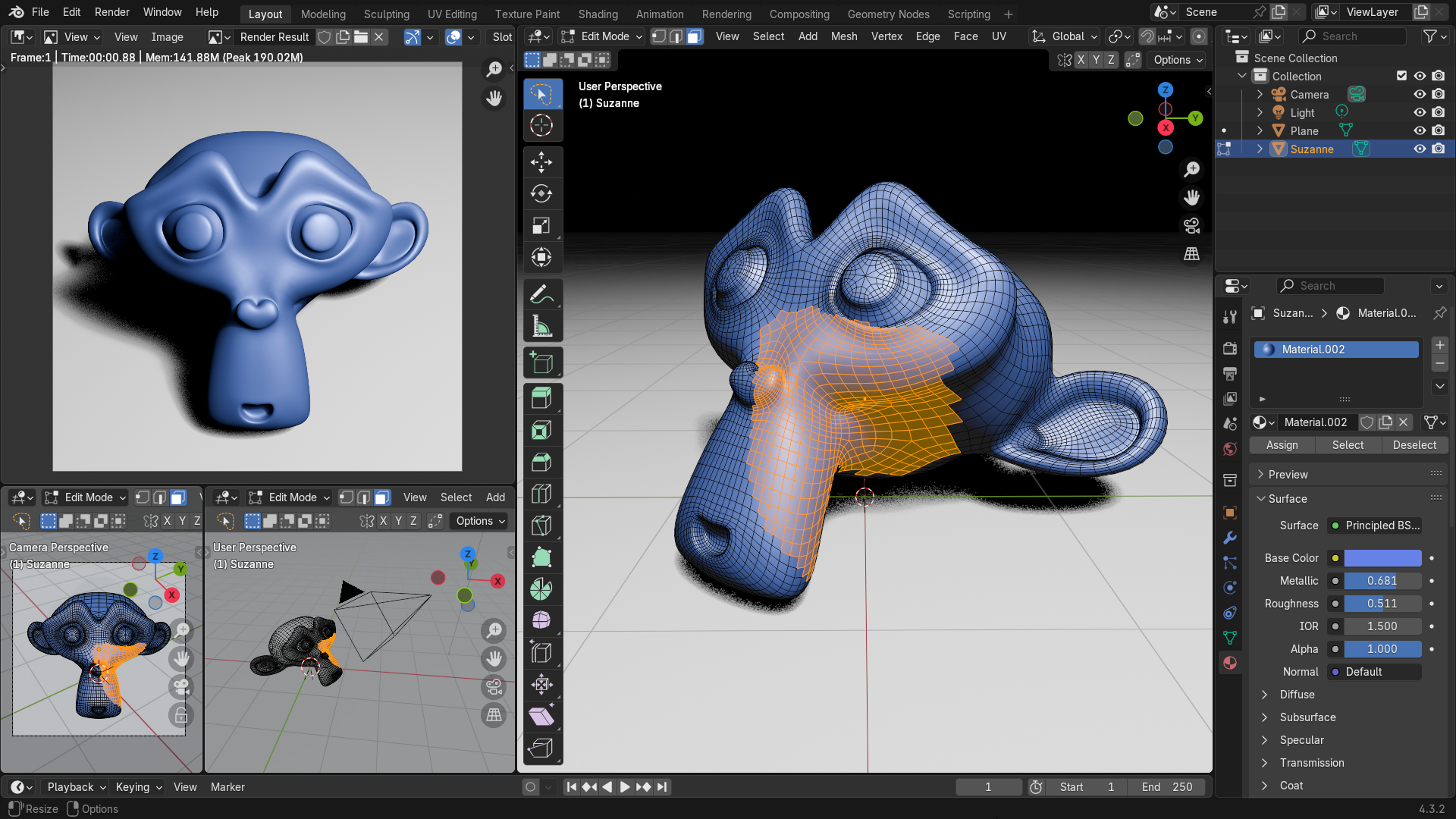 Blender editor showing the Suzanne mesh and surrounding scene tools